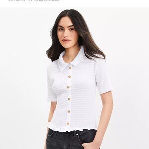 Loft White Smocked Ruffle Hem Shirt